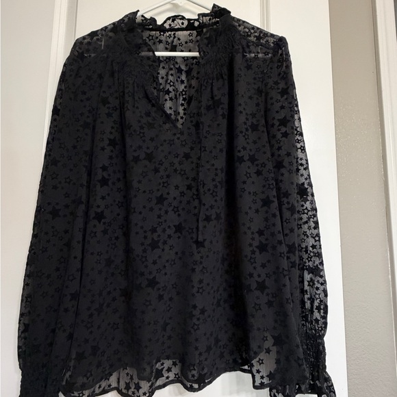 LOFT Tops - LOFT Black Sheer Star Print Blouse Long Sleeve size L Women’s